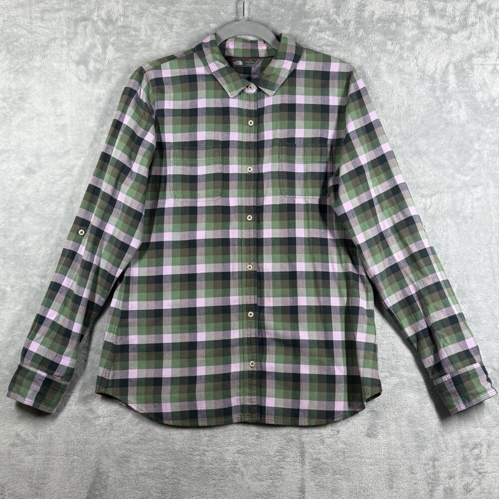 The North Face Womens Long Sleeves Shirt Button Down Cotton Plaid Green Large